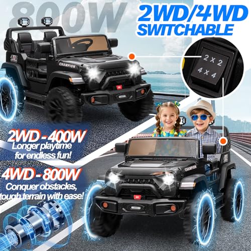 24V Kids Jeep, BLISSRIDE 2 Seater XL Ride on Truck Car w/800W Power Wheel, 4WD/2WD Switchable, Remote Control, 10AH Battery, 20\'\' Wide Seat, Bluetooth, LED Light, Electric Vehicle for Boy Girl, Black