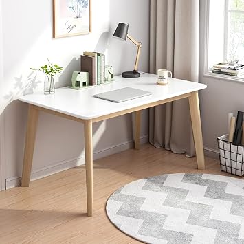 IOTXY Simple Wooden Writing Desk - Modern Minimalist Style PC Laptop Computer Workbench with Solid Wood Legs, 39" W Home Office Work Table for TV Stand Music Video Live Broadcast Workstation, White | Nordic Minimalist Style, MDF Tabletop, Solid Wood Legs, Home Office Workbench, Live Broadcast Workstation, 10-Min Assembly