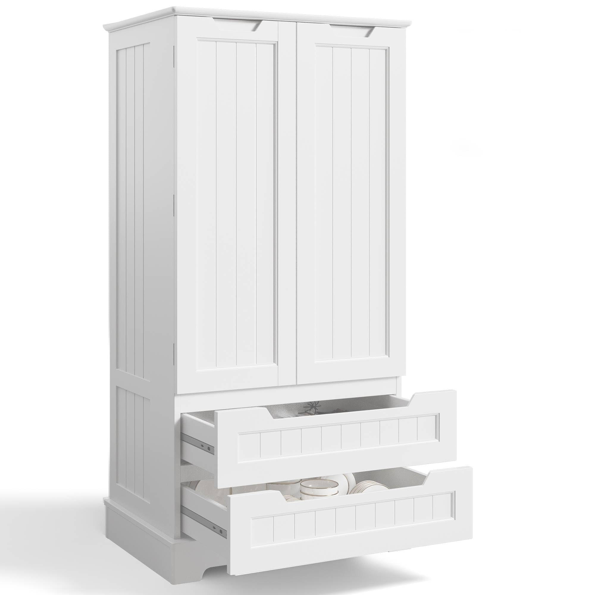 Armoire De Cuisine Haute 120x40x60 Cm - 2 Portes, 2 Tiroirs, MDF Blanc, Rangement Spacieux Pour Cuisine Ou Salon