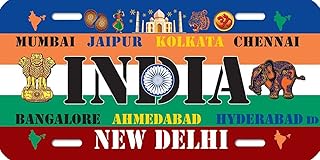 India Iconic Images License Plate, 12 x 6 Inches, Aluminum with Cities and National Symbols, Tricolor Flag Design