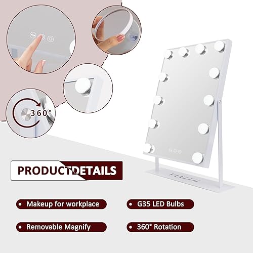 Miniatura 2 de Espejo de tocador iluminado Hollywood con luces, espejo de maquillaje con 12 bombillas regulables, control táctil inteligente, luz de 3 colores para