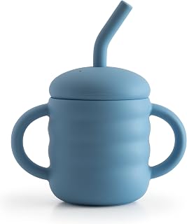 Cute 2-1 Silicone Straw Sippy Cup with Stopper - 5.4 OZ Spill-proof Sippy Cups for Baby 6+ Months w/ Dbl Handles, Grooved Body & Angled Straw for Fun & Safe Drinking - Includes Cleaning Brush - Blue