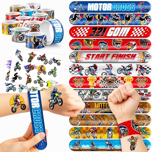 72PCS Dirt Bike Party Favors, Temporary Tattoos & Slap Bracelets Decoration