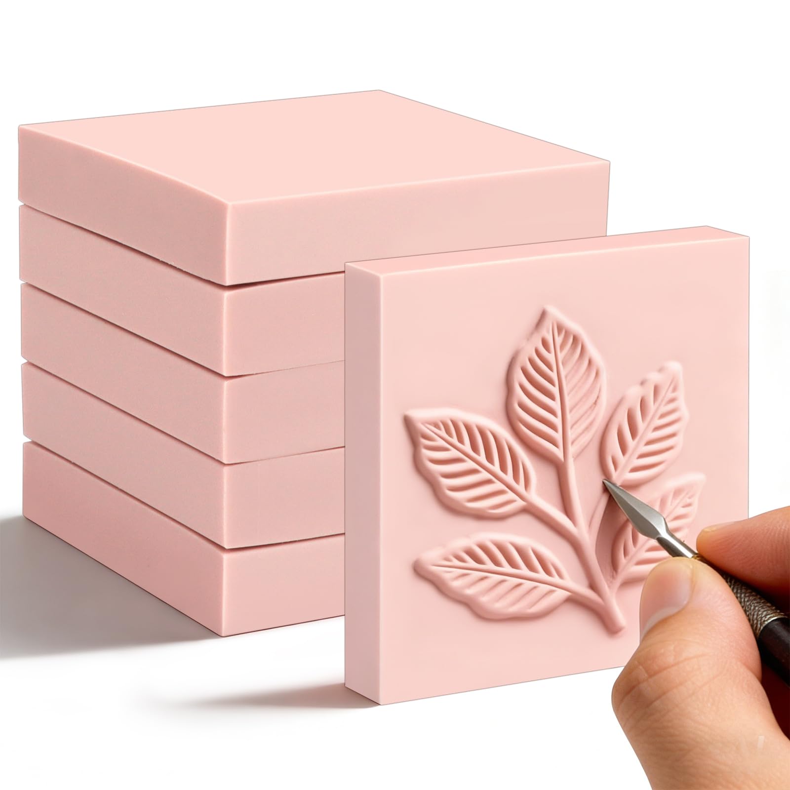 6 Pack 2"x2" Pale Pink Rubber Stamp Carving Blocks - Soft Linoleum Material for DIY Craft Projects &amp; Handmade Stamps