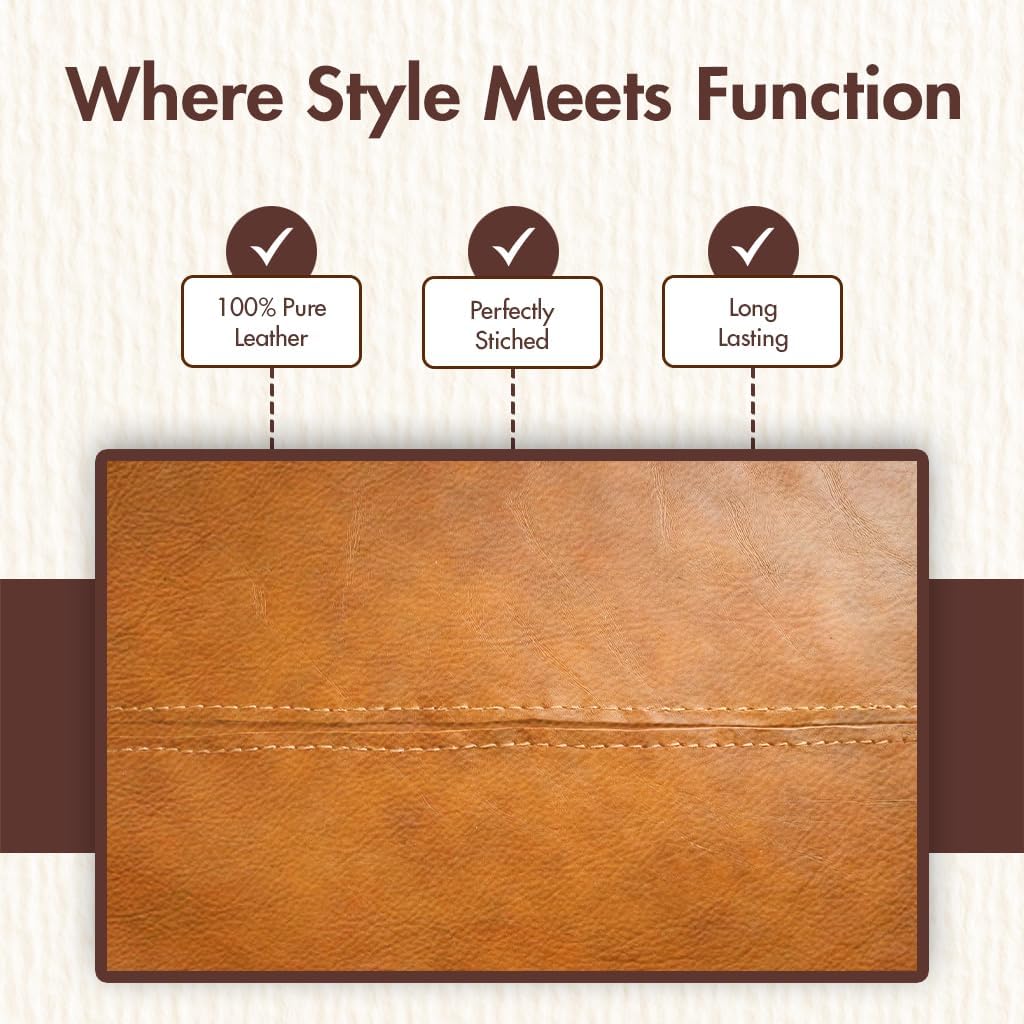 Stitched Round Leather Tray with Brass Handle Ideal for Serving Coffee Drinks Ottoman Tray for Office Home Kitchen Snack Counter Centerpiece Storage (Light Brown (14" x 14")) - Image 6