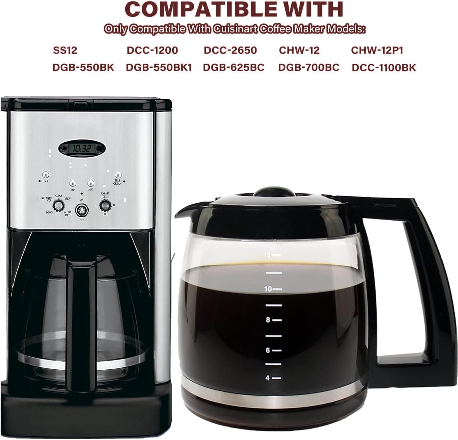 12-Cup Glass Carafe Replacement for Cuisinart Coffee Maker Models DCC-1200 | Part# DCC-1200PRC
