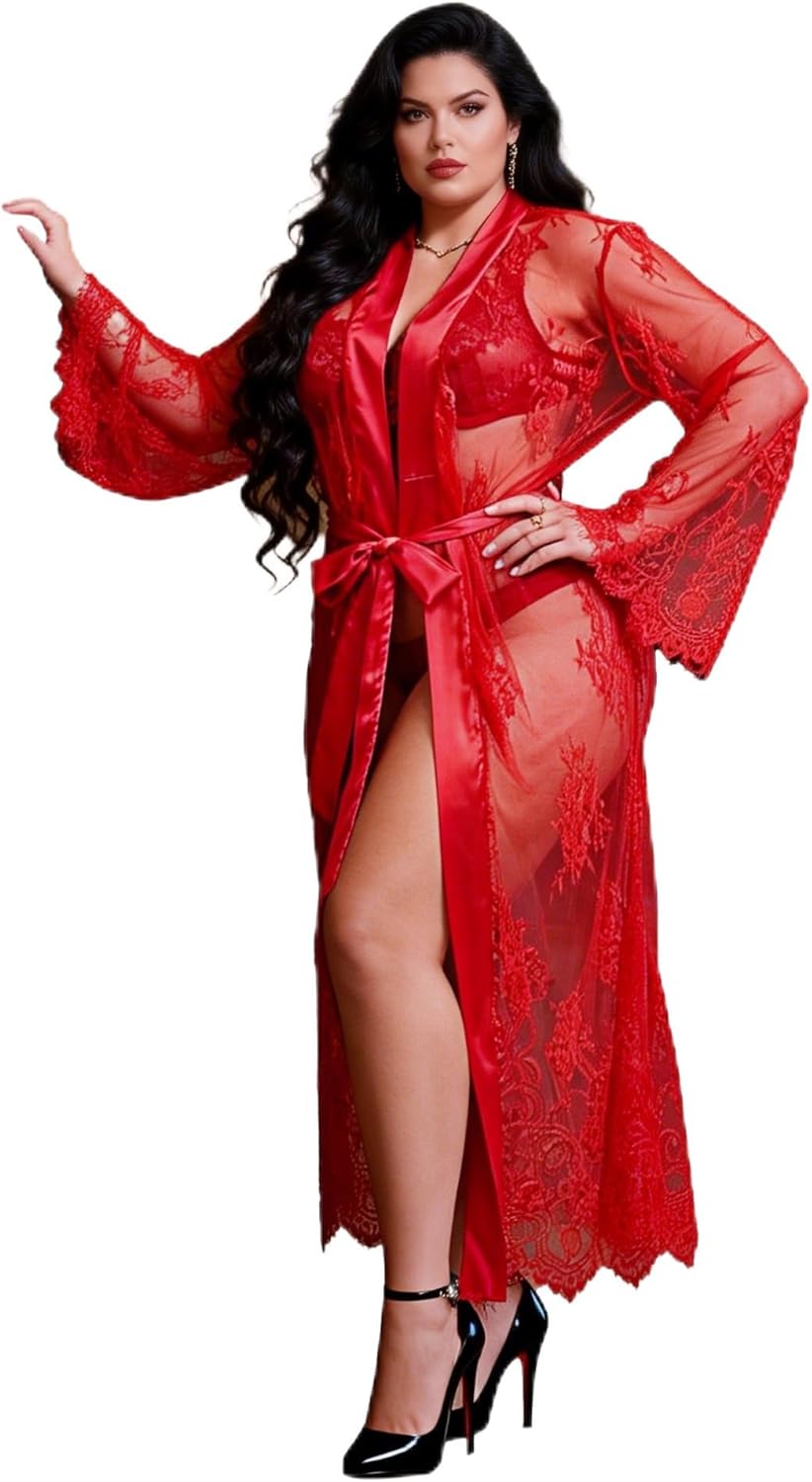 ohyeah Sexy Lace Robe for Women Bridal Lingerie Plus Size Long Sheer Gown Lace Kimono Robe Cover Up Lingerie S-XXL