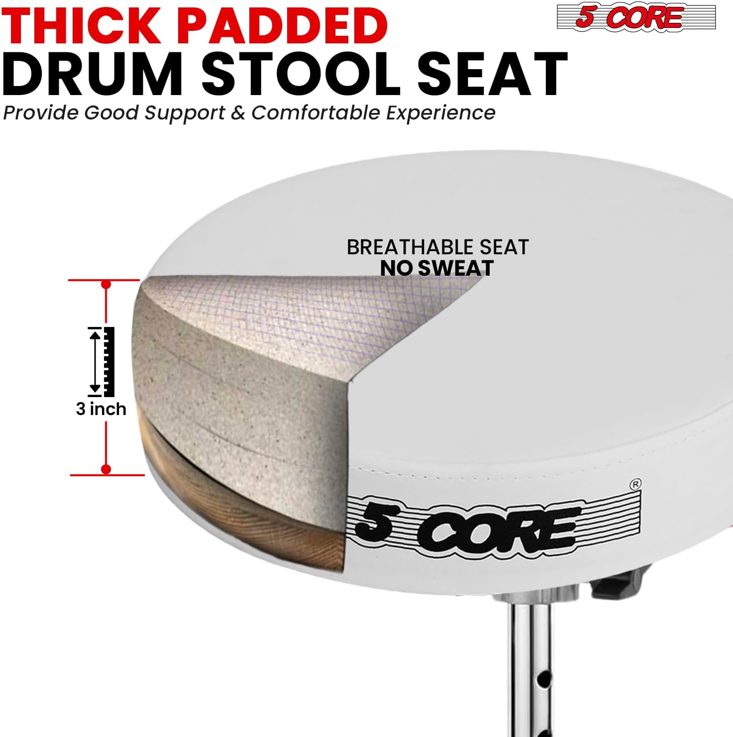 5 CORE Drum Throne 3" Thick Padded 21.5" Adjustable Guitar Stool Drummer Chair Heavy Duty 200 lb Capacity Seat for Adults & Kids White - DS BLKCH WH