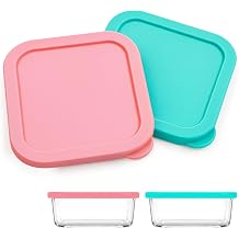Linkidea 2 Pcs Replacement Silicone Lids for 27 oz Square Glass Food Storage Containers 6.1" x 6.1", Reusable Airtight Leakproof Food Covers, Dishwasher Safe Blue, Orange