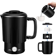 PAHTTO Foldable Travel Kettle Made of Stainless Steel, 800 ml, Portable Electric Kettle with Ceramic Cup, 5 Minute Heating, Perfect for Family, Travel, Hotel, Camping and Hiking Black