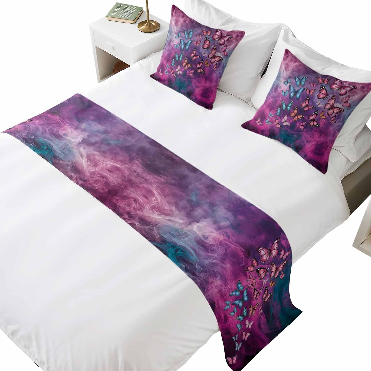 Blue Pink Butterflies Designer Bed Runner Set, Purple Navy Smoky Gradient Abstract 83x20in Bed Scarf with 2pcs Double-Sided Decorative Pillows Easy Care Bedding Scarves for Home Hotel Bedroom Decor