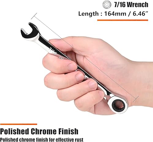 Miniatura 3 de Egofine Llave combinada de trinquete de 7/16 pulgadas SAE, llave de engranajes de grado industrial con diseño de 12 puntos, trinquete de 72 dientes