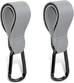 Baby Stroller Hooks Clips, Convenient Pushchair Accessories Mommy Bag Hooks for Hanging Diaper Bags, Multipurpose Hooks for Grocery Shopping Bags Premium Vegan Leather Pram Straps 2 Pcs (Gray)
