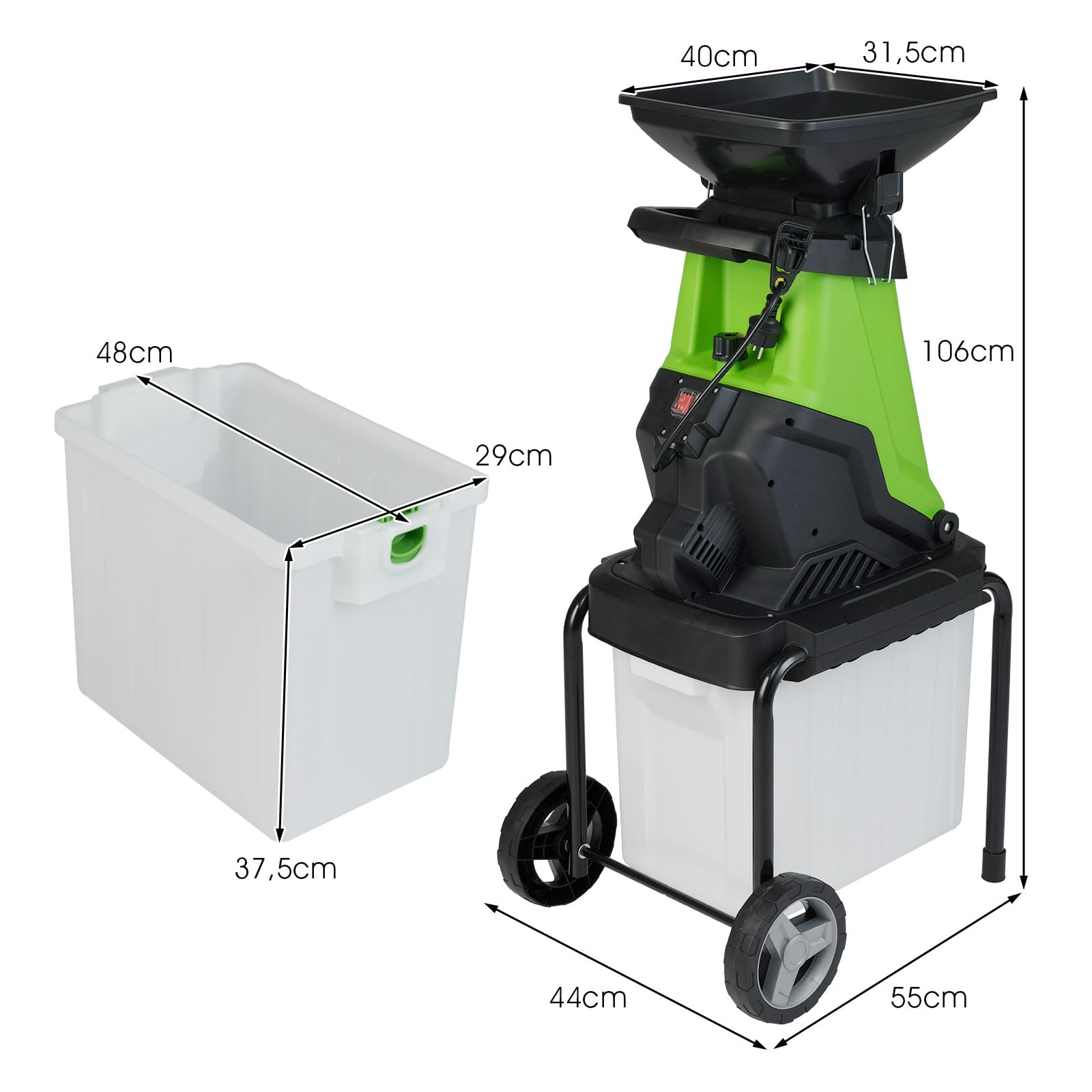 RELAX4LIFE 3000W Broyeur Végétaux et Branches Silencieux 2-EN-1 avec Bac 50L, 2 Roues de Transport, Ratio de Broyage 15:1, Broie Jusqu'à 45mm pour Compost Déchets Verts (Vert)