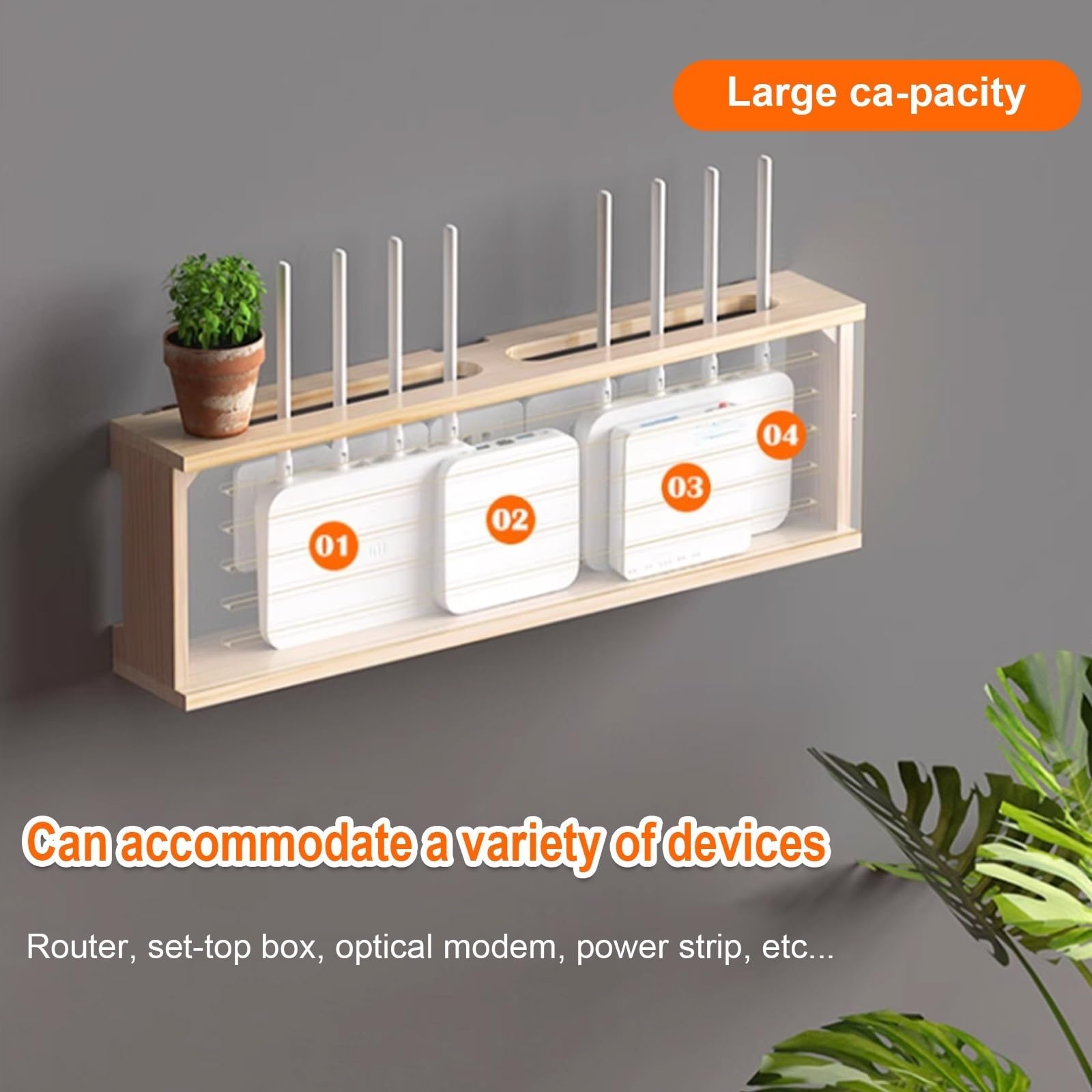 Naścienny pojemnik do przechowywania routera WiFi, bez dziurkowania, modemu, osłona kabla, organizer do domu i biura, stylowy szaro-biały design (52 cm)