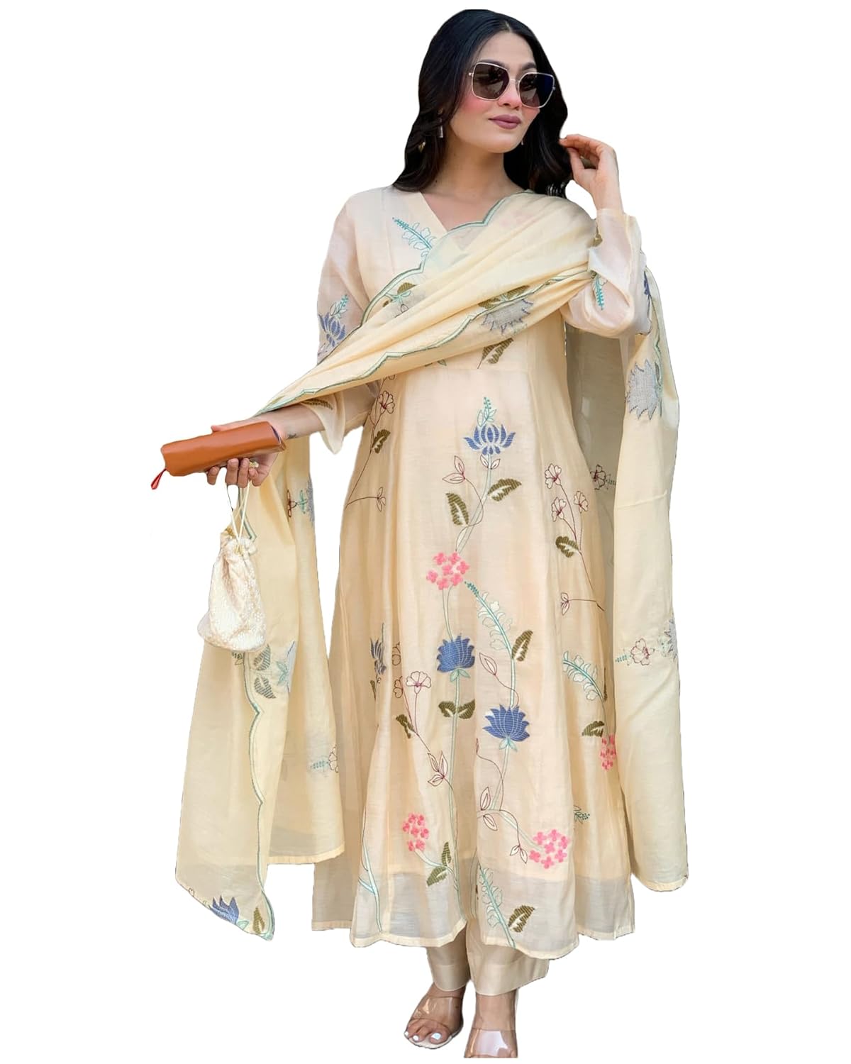 GoSriKi Women’s Chanderi Anarkali Printed Kurta with Pant & Dupatta GoSriKi Women’s Chanderi Anarkali Printed Kurta with Pant & Dupatta