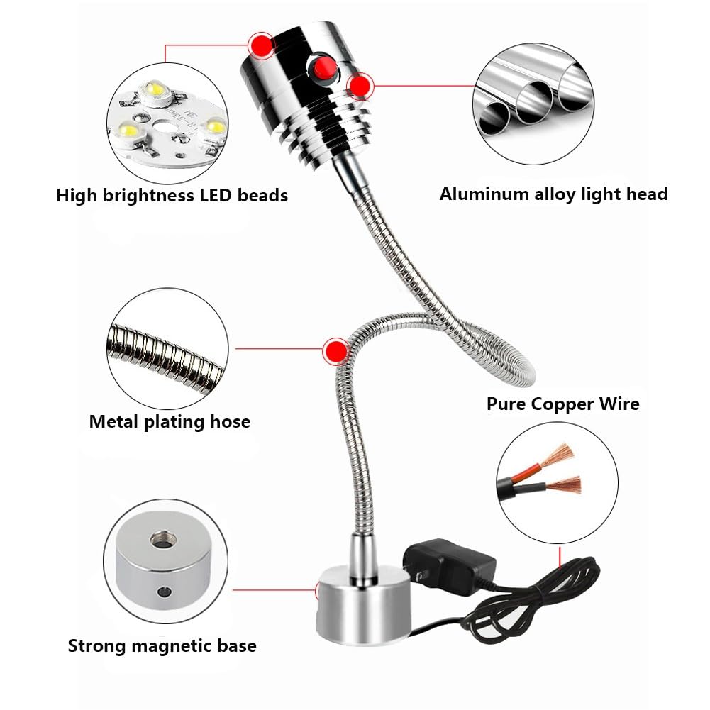 Przenośna magnetyczna lampa robocza z elastyczną łabędzią szyją, lampa robocza LED do maszyn, 120 lumenów/W, lampa robocza do maszyn, oświetlenie przemysłowe z podstawą magnetyczną (3 W24 V)