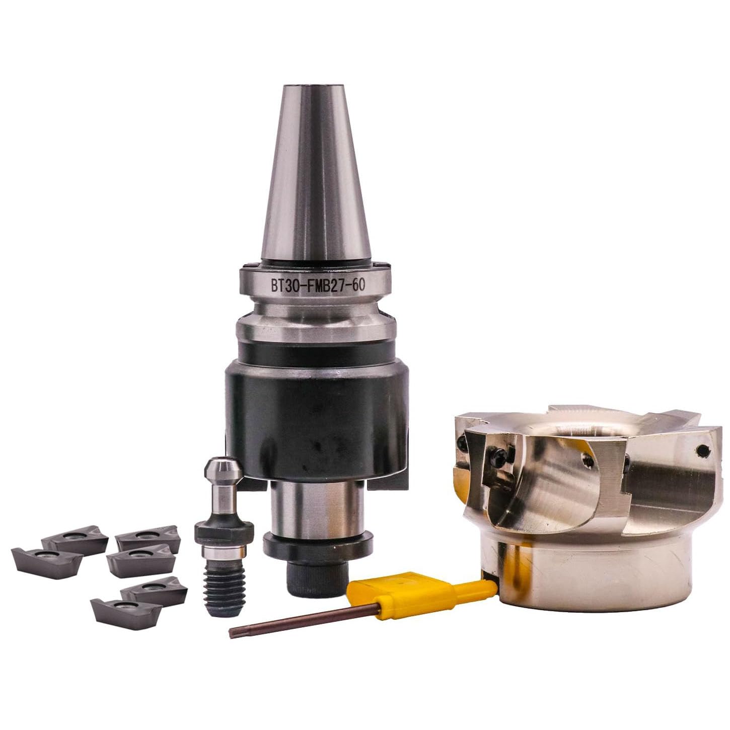 BT30-FMB27-60 Shank Face End Mill Arbor, 3.15"/80mm Cutting Diameter 90 Degree 6 Flute Indexable CNC Face End Mill Shell Cutter 400R 80-27-6T with 6Pcs APMT1604 Carbide Inserts and BT30 Pull Stud