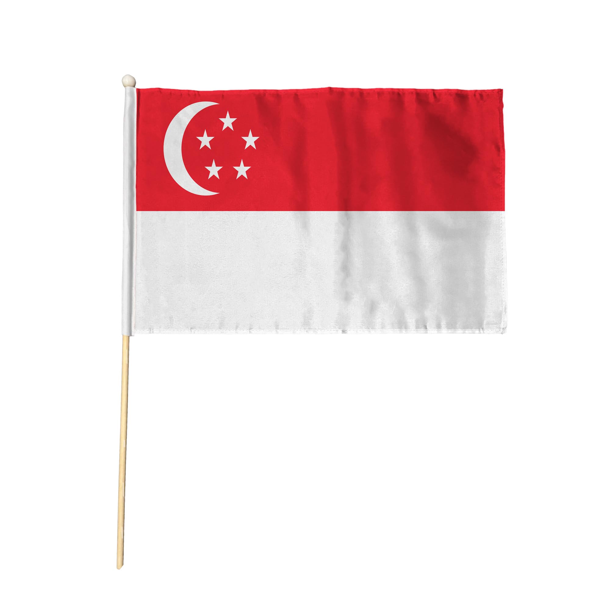 Flagtex Singapore Pack of 12 Hand Waving Flag (18x12 Inch Large) - Premium Wooden Stick Hand Flag Big Size Natural Wood Pole Singaporean National Flag Events Celebrations International Sports — image 1