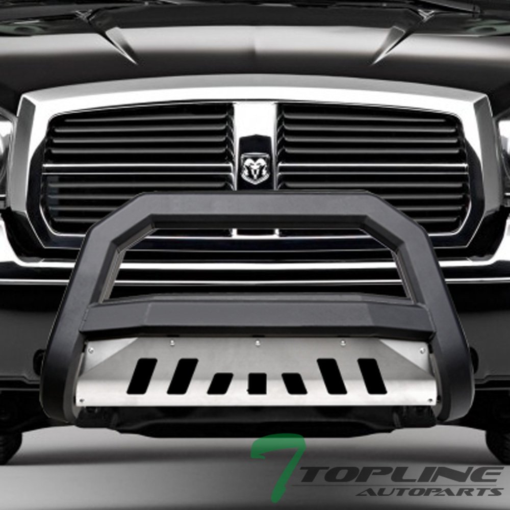 Matte Black AVT Style Bull Bar Brush Push Front Bumper Grill Grille Guard With Aluminum Skid Plate Compatible With 05-11 Dodge Dakota / 06-09 Mitsubishi Raider