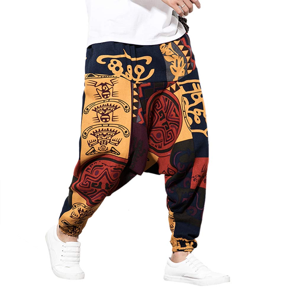 Pantalon sarouel hip-hop ample en lin pour homme - Pantalon de yoga Aladdin bohème - Pantalon bouffant - Entrejambe profond - Imprimé rétro - Pantalon avec poches