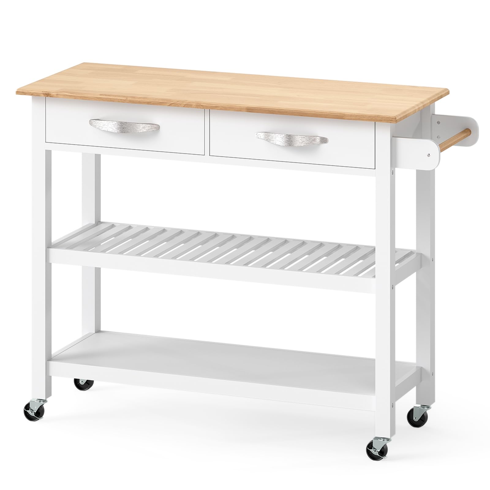 COSTWAY Küchenwagen Holz, Küchenschrank mit Rollen, Rollwagen mit Arbeitsplatte, 2 Schubladen, 2 offenen Regalen & Handtuchhalter, Servierwagen für Esszimmer & Küche, 116 x 43 x 89 cm (Weiß)