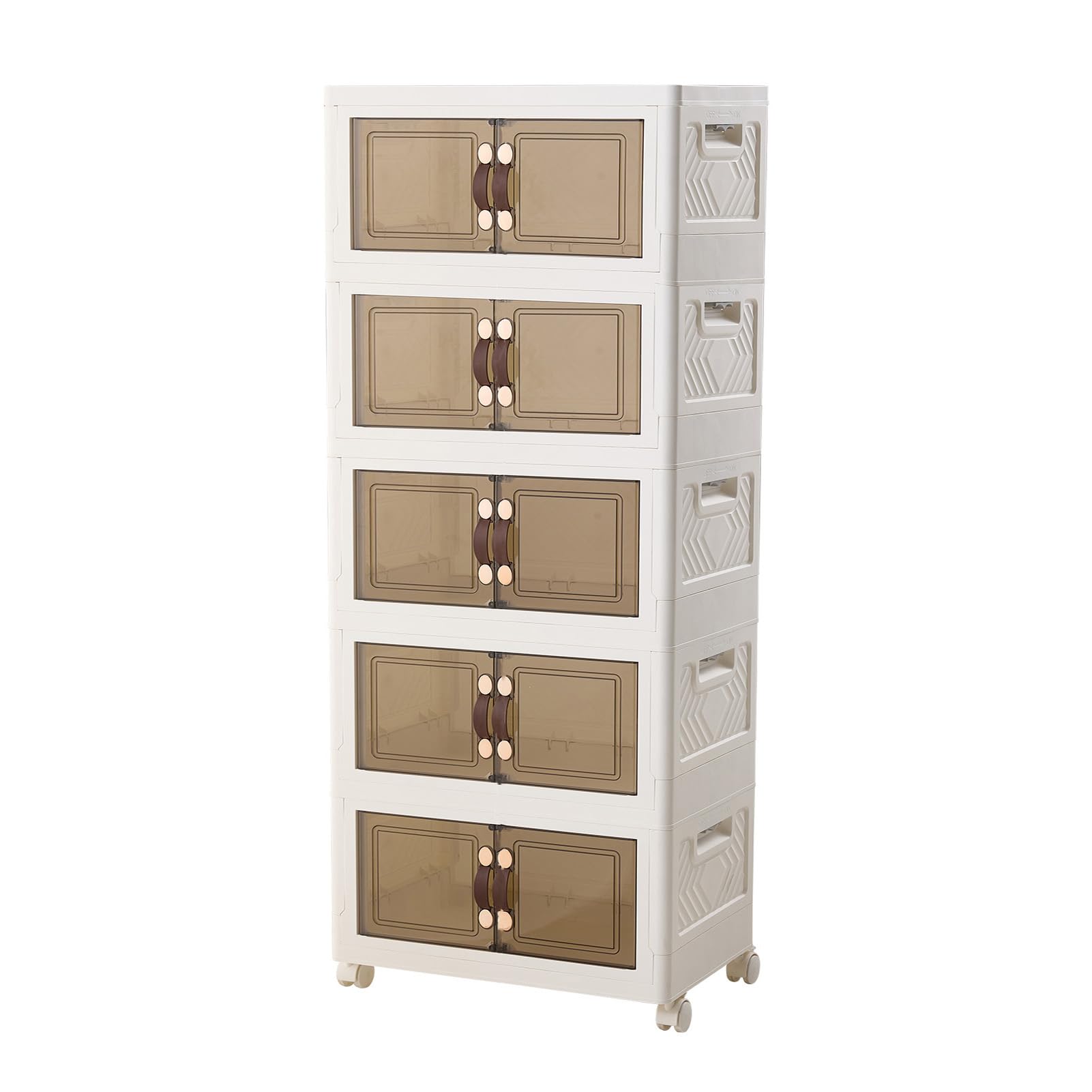 Zusammenklappbare Aufbewahrungsbox mit Doppeltür, 69L*5, weiß, auf Rollen | 55cm zusammenklappbare Aufbewahrungsbehälter aus Kunststoff mit Rollen als Schrankorganizer für das Homeoffice, 5 Ebenen