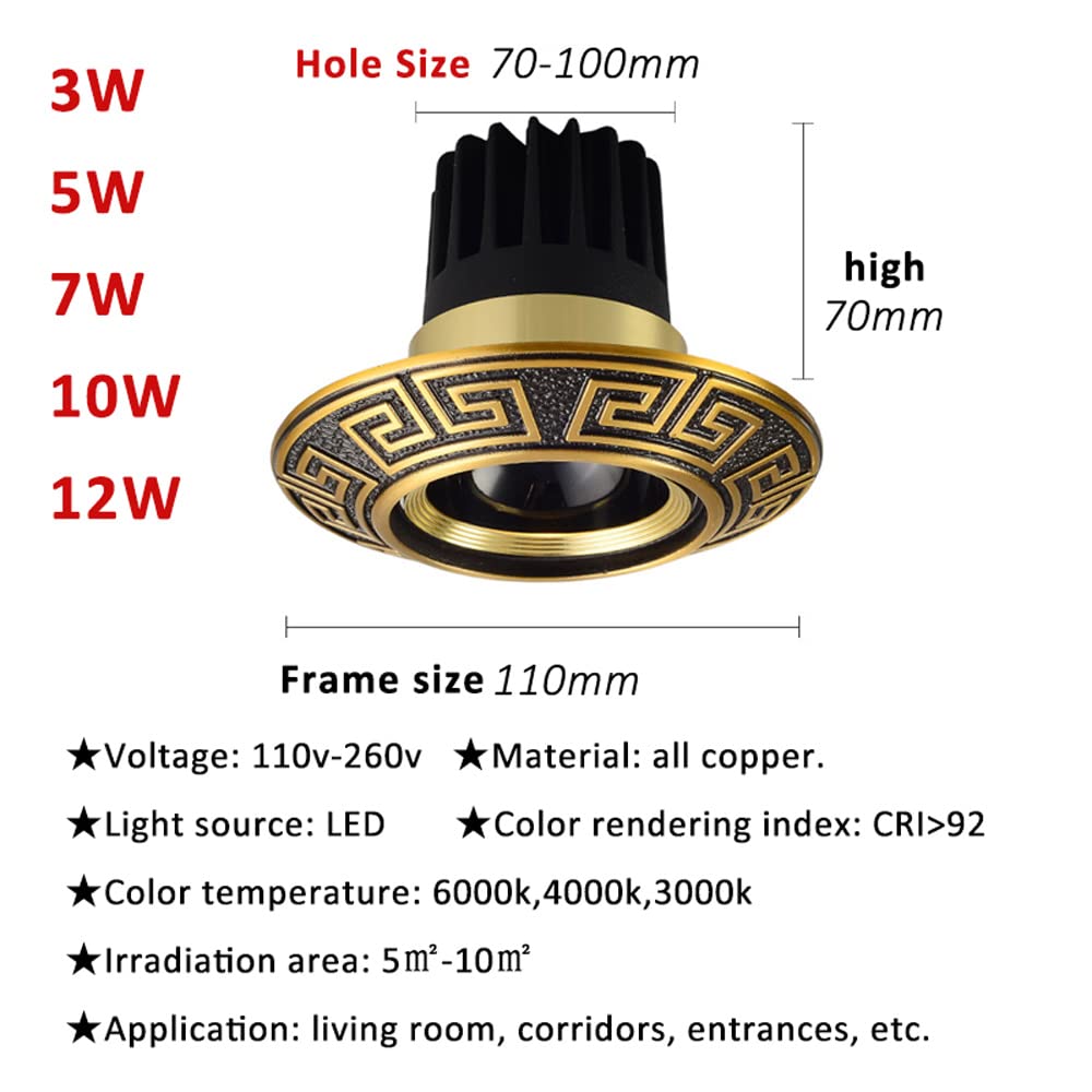 Confezione da 4 faretti orientabili da 2,5 Pollici e 3,5 Pollici, faretti da Incasso a bulbo oculare in Ottone Senza Canna in Stile Cinese, 3 W, 5 W, 7 W, 10 W, 12 W, luci,12w-3000k