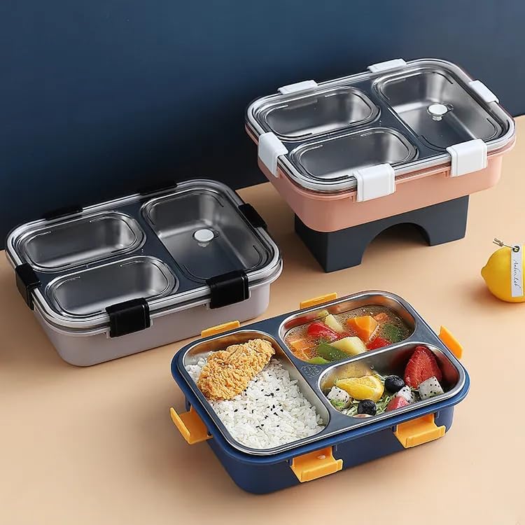 Image of MOMITTLE Lunch Box 3 Compartment Leak-Proof BPA Free Stainless Steel, Lunch Box for Kids, Lunch Box for School & Office with a Fork, a Spoon and a Pair of Chopsticks (Blue), 750 ml