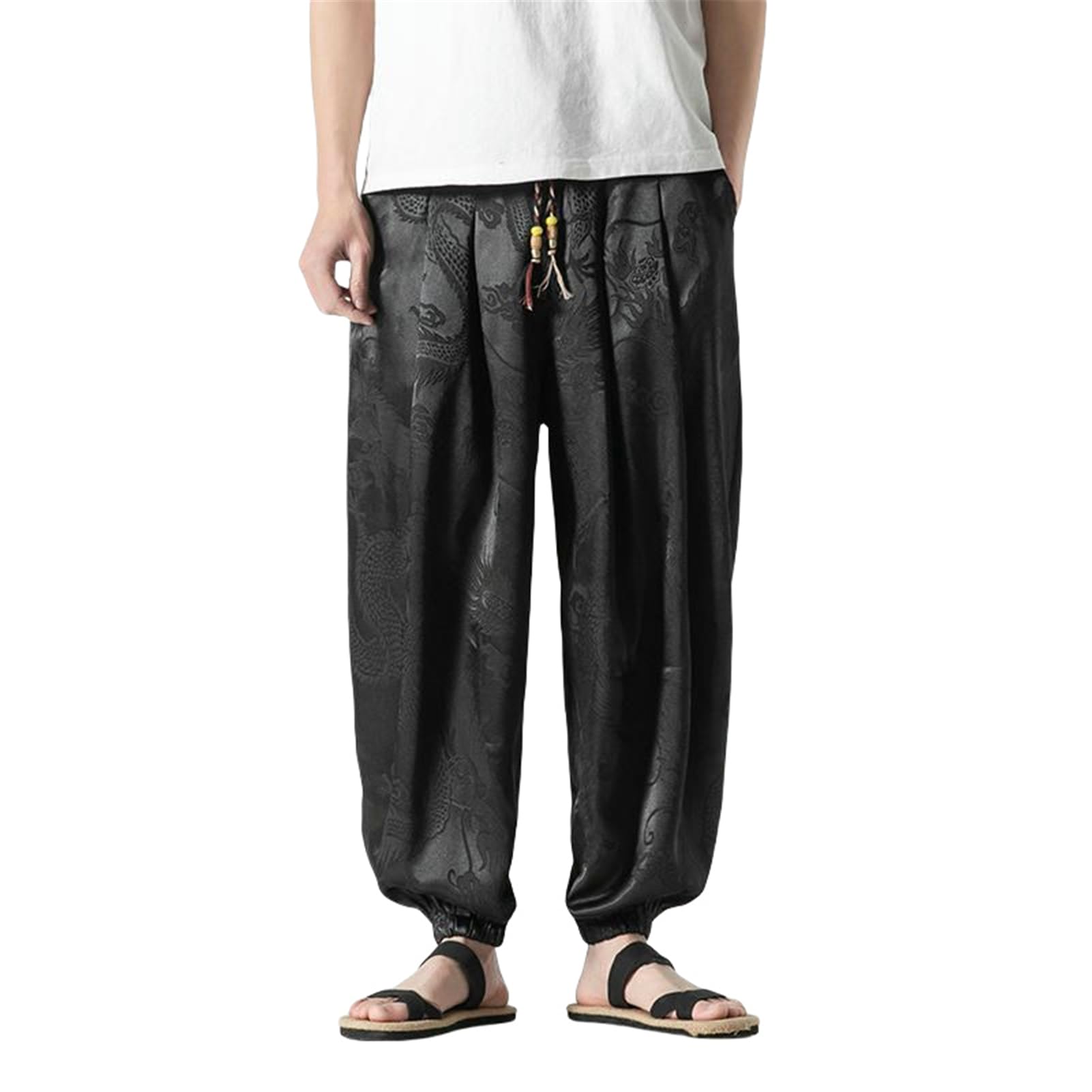 Pantaloni lunghi da uomo Primavera Estate Retro Stile Cinese Ice Silk Modello Nascosto Casual Orlo con risvolto