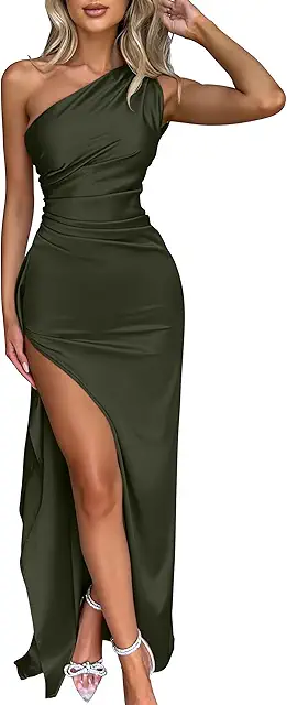 Green Satin One Shoulder High Split Cocktail Maxi Dress for Women