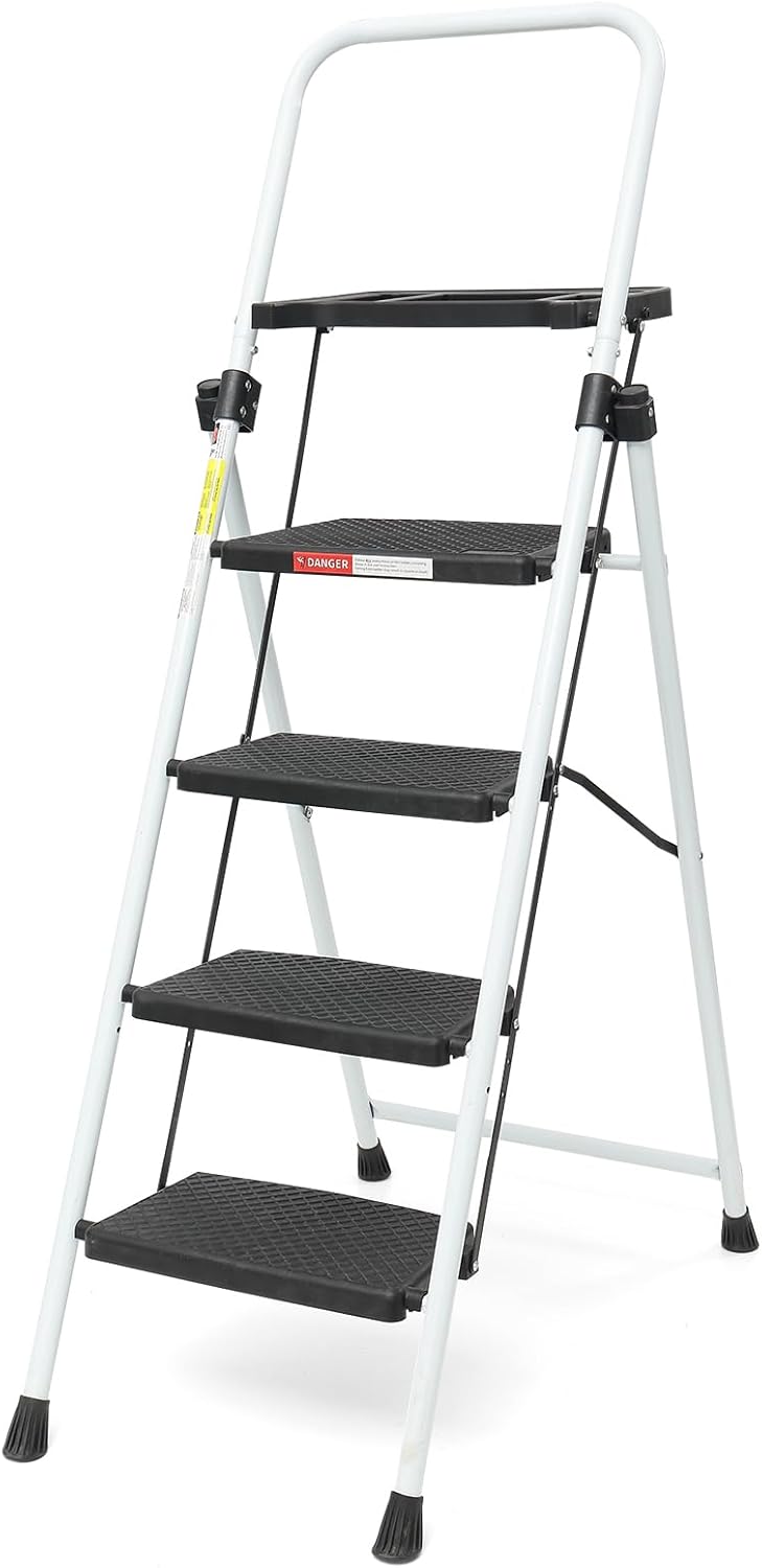 5 Step Ladder, Folding Step Stool with Handle,Tool Platform and Anti-Slip Pedal, Steel Ladder,Lightweight, Perfect for Home and Kitchen, White