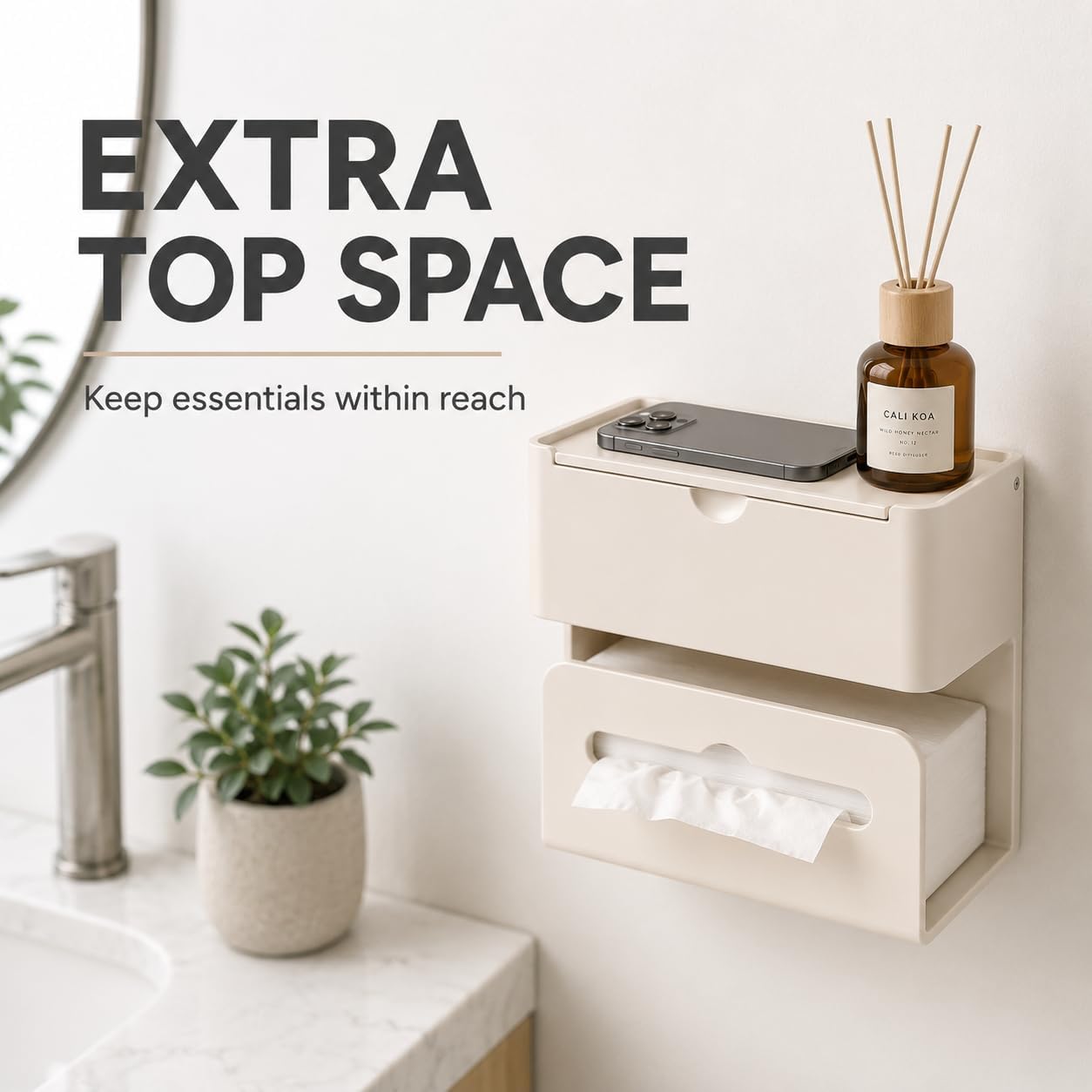 Wall Mounted Toilet Paper Holder with Shelf, Milky White image 2
