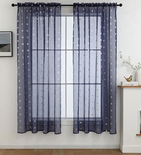 STAR Voile Panel Metallic Silver Slot Top Pure Sheer Voile Curtain Panel 72" (183cm) Drop - NAVY