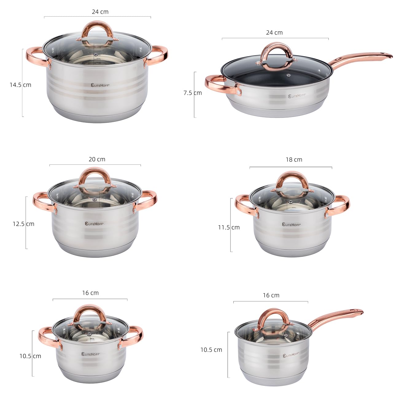 EliteHoff Topfset Induktion, Kochtopf Set mit Glasdeckel, 7-lagiger Edelstahl Topf- & Pfannensets mit Deckel, Griffe in Roségold, Kochgeschirr Set für alle Herdarten (12-teilig)