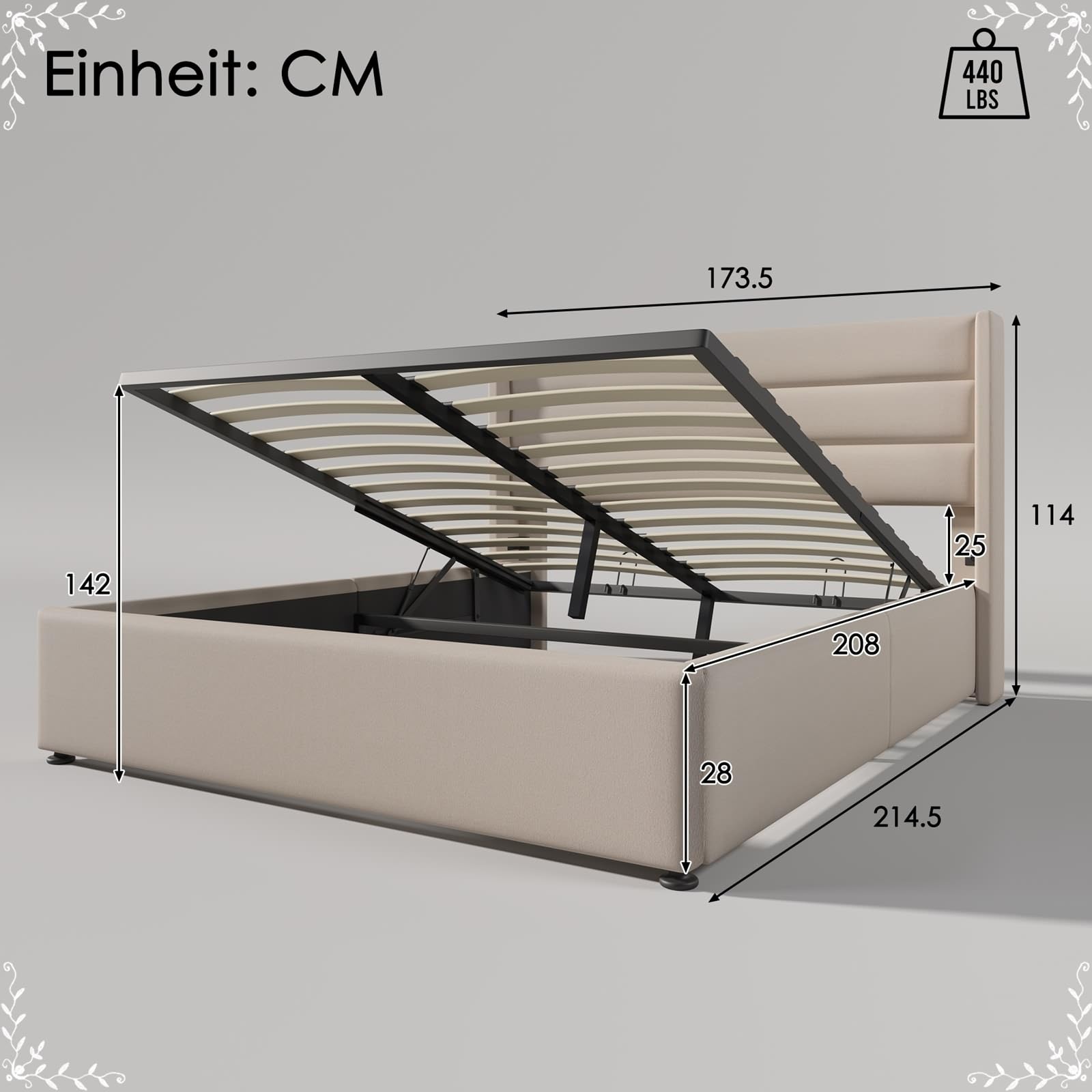 Daesar Letto Matrimoniale Moderno 160x200, Giroletto Contenitore Idraulico con Rete A Doghe In Metallo e Testiera, Letti Imbottiti Cameretta In Lino, Beige (Senza Materasso)