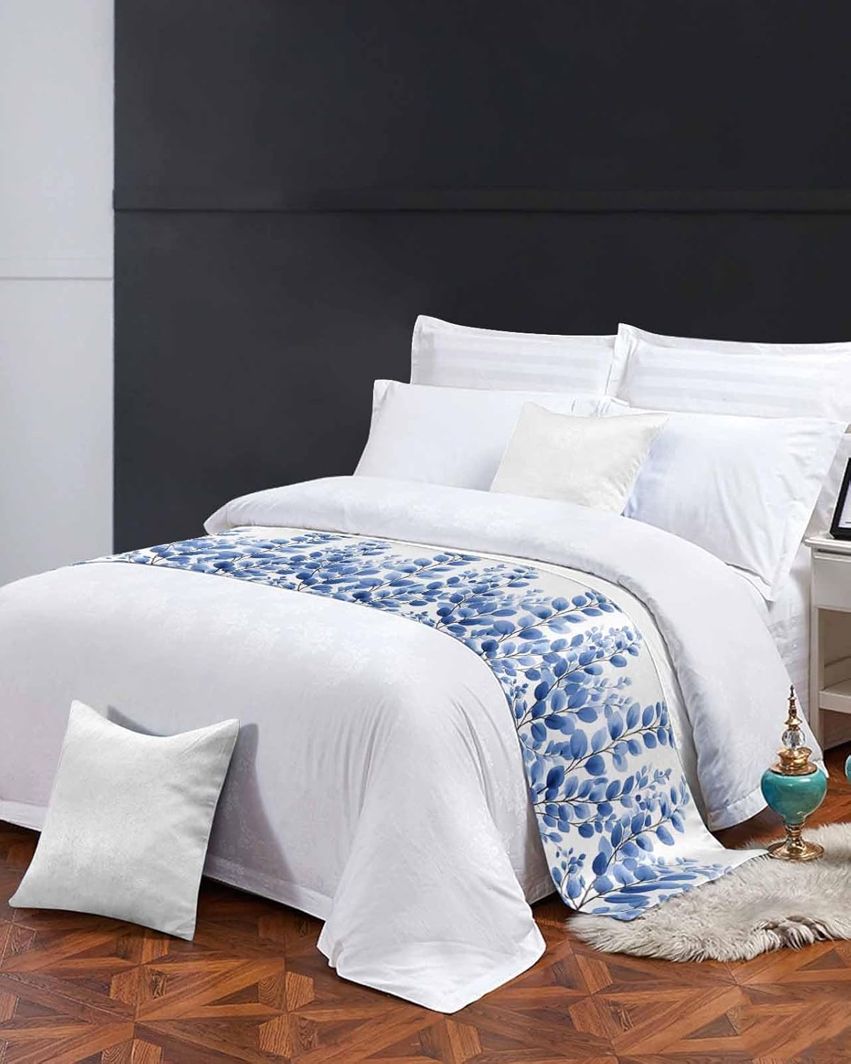 Blue Leaves Bed Runner for Twin Size, Pastoral Country Plants Leaf Chic Bedspread Protector Slipcover Bed Scarf for Foot Runners & Scarves for Bedroom Hotel Wedding Room 71x20 Inches