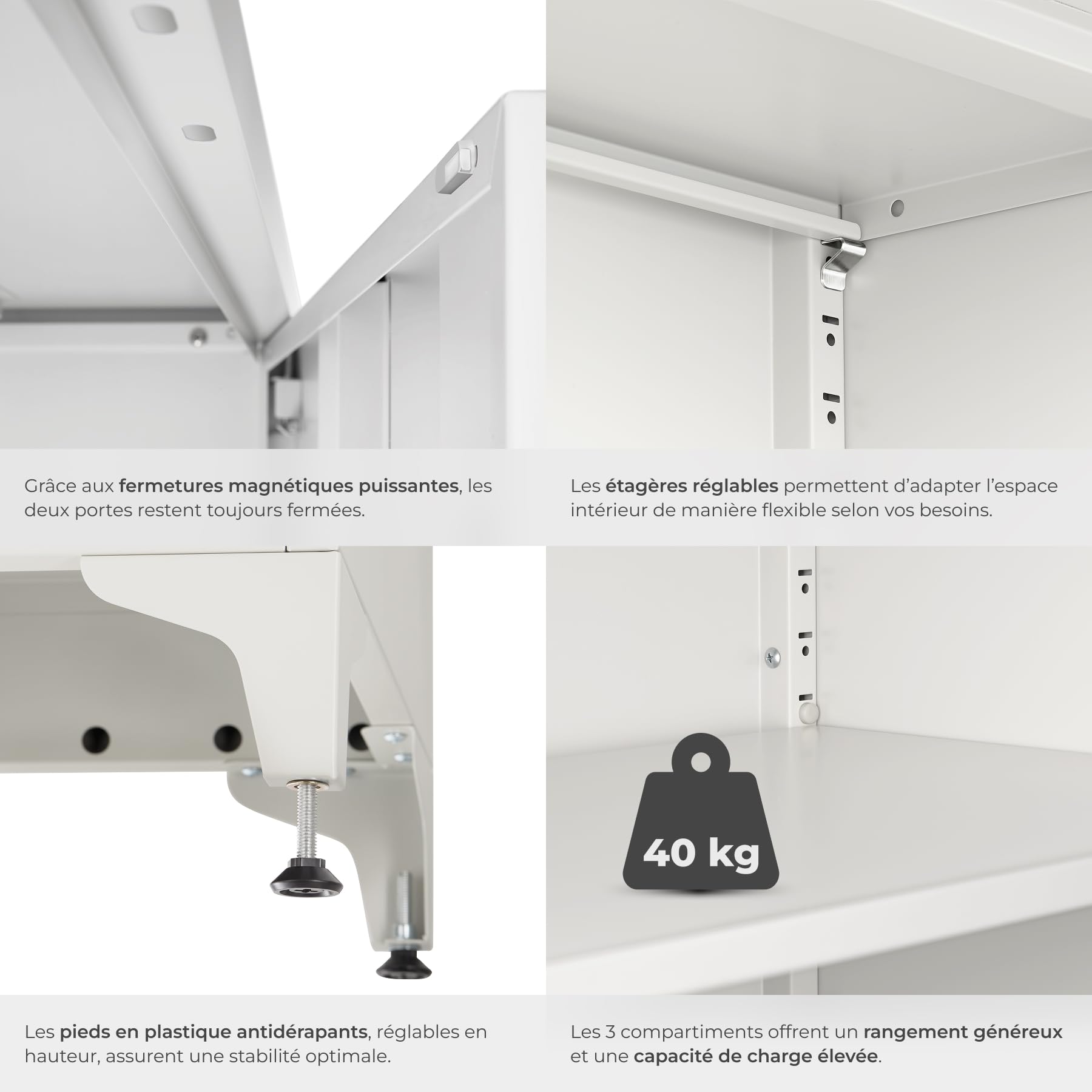 tectake® Armoire à dossiers 60 x 40 x 100 cm, Portes à Fermeture magnétique verrouillables, 2 étagères réglables, Armoire de Bureau en Acier thermolaqué, Meuble de Rangement Dossiers, Classeurs - Gris