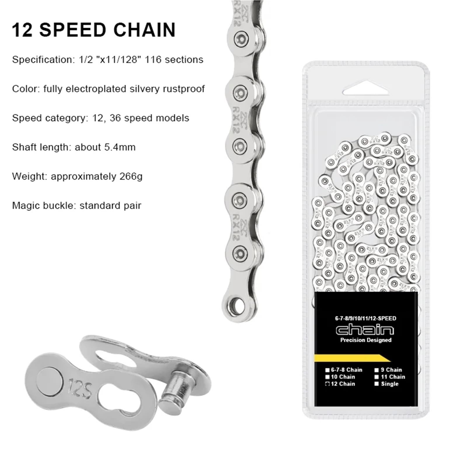 Ultraleichte Kette 116L 8 9 10 11 12-Gang Mountainbike Silber Rennrad for 24/27/30 Zoll variable(A0438-12 speed)