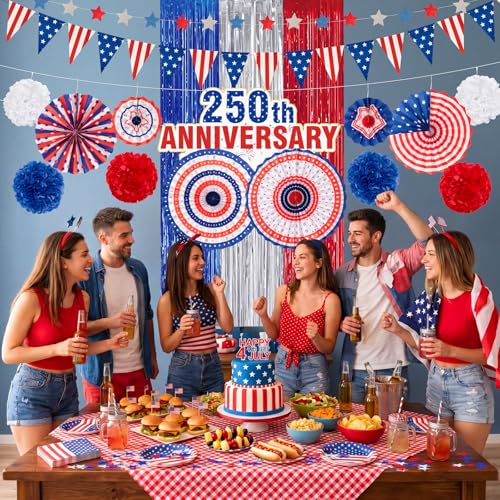 Image of 17 Pcs 4th of July Patriotic Decorations Set | 250th Anniversary, Paper Fans Pom Poms Banner Foil Curtain, Independence Day Memorial Day Party Decor