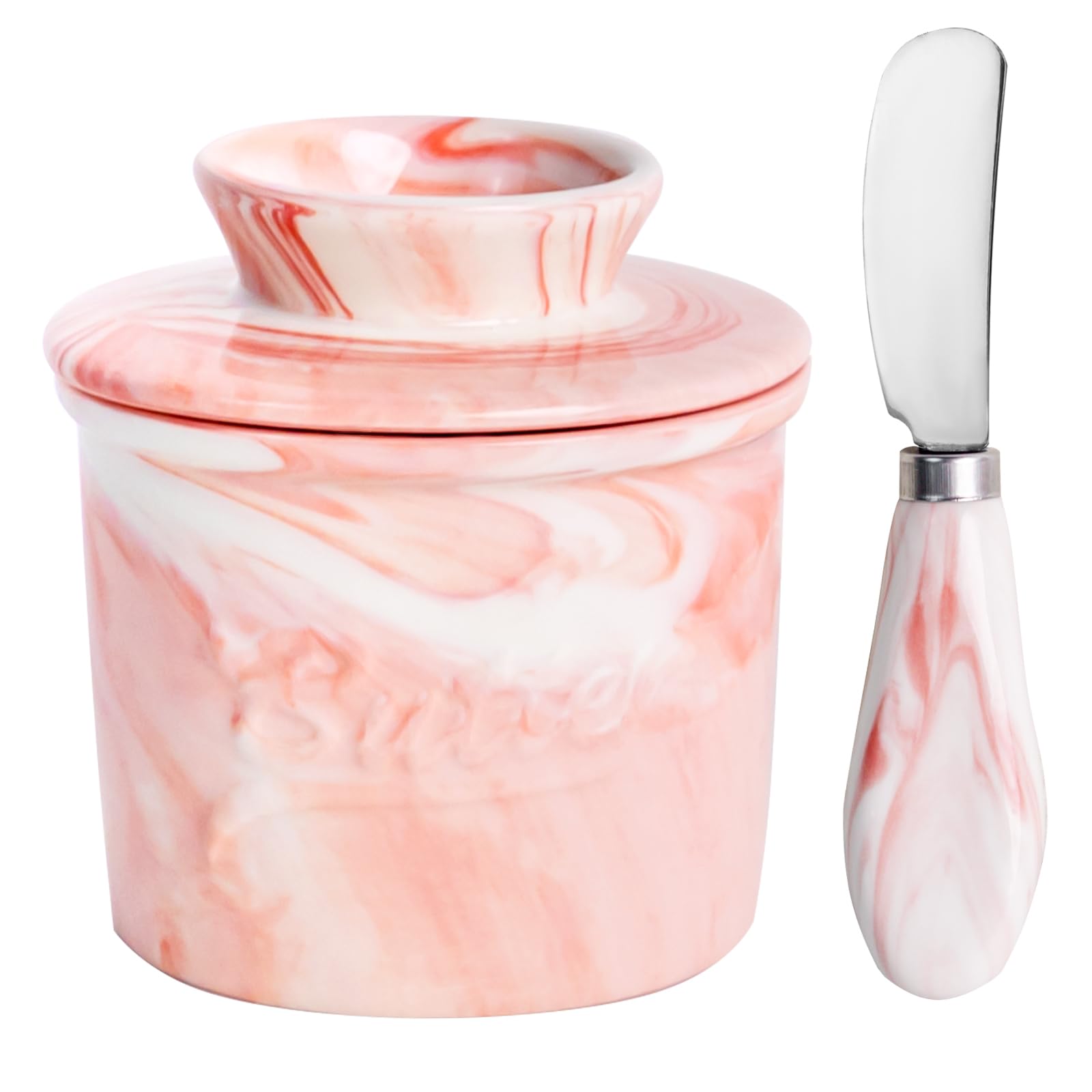MSJGA Ceramic Butter Crock with Lid &amp; Spreader Knife, Butter Keeper - Ideal Butter Storage &amp; Countertop Butter Dish (Marble Pink with Marble Pink Knife, M)