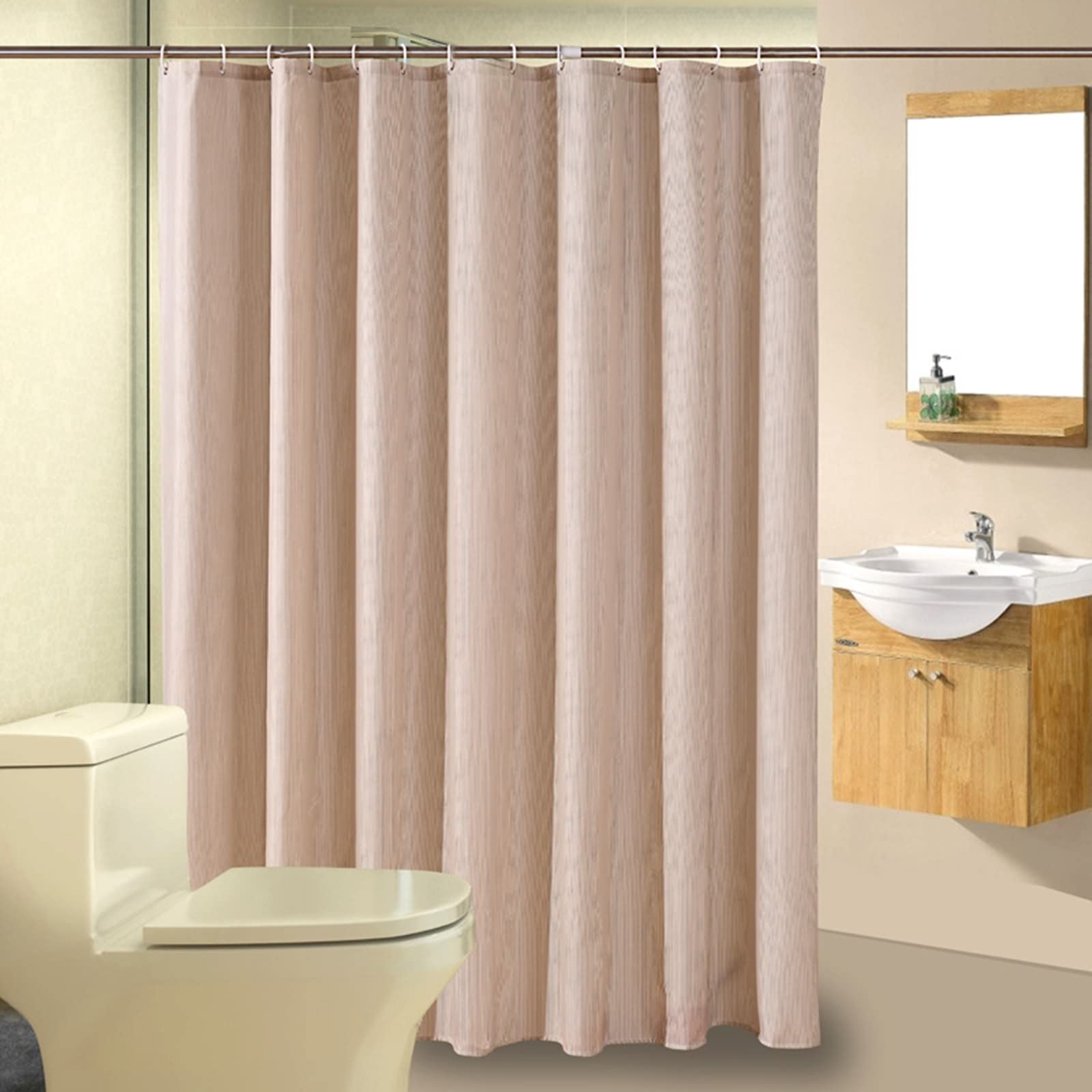 Tenda Doccia 200 x 220, Poliestere Beige Motivo a righe bicolore Tenda da bagno con ganci in metallo e plastica