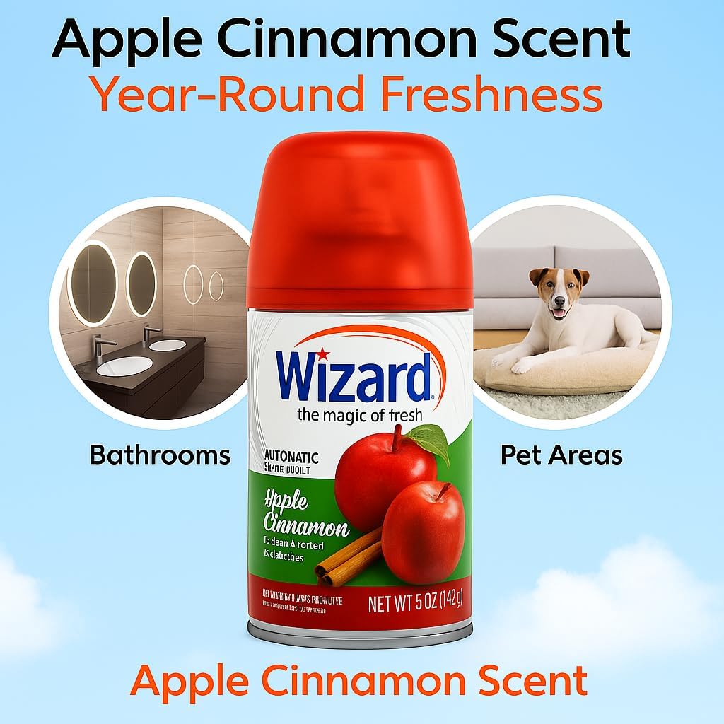 Wizard Automatic Spray Refill – Apple Cinnamon, 5 oz (12 Pack) | Compatible with Air Wick Freshmatic & Glade Dispensers | Long Lasting Odor Neutralizer for Home & Office
