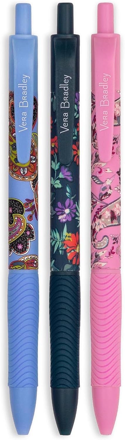 Vera Bradley Black Ink Pen Set of 3, Colorful Retractable Pens, Plastic Click Pens with Zip Pouch, Fall 23 Medley