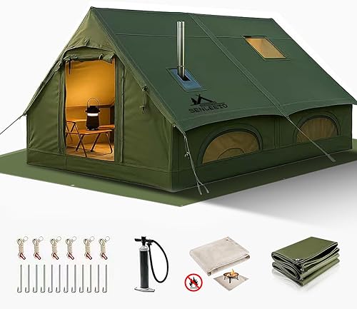 Tiendas de campaña inflables para 8 a 10 personas, 129 pies cuadrados, tienda de campaña inflable grande con gato de estufa, tienda de campaña