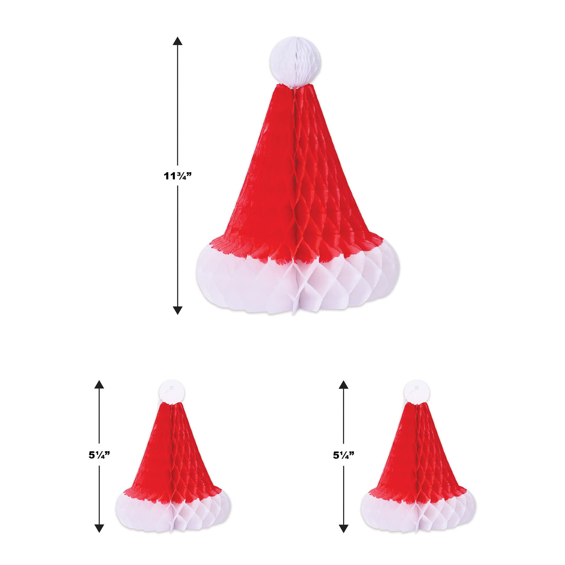 Beistle 3 Sombreros de Papá Noel de Papel de Seda de Panal para Decoraciones de Fiesta de Navidad, Rojo/Blanco