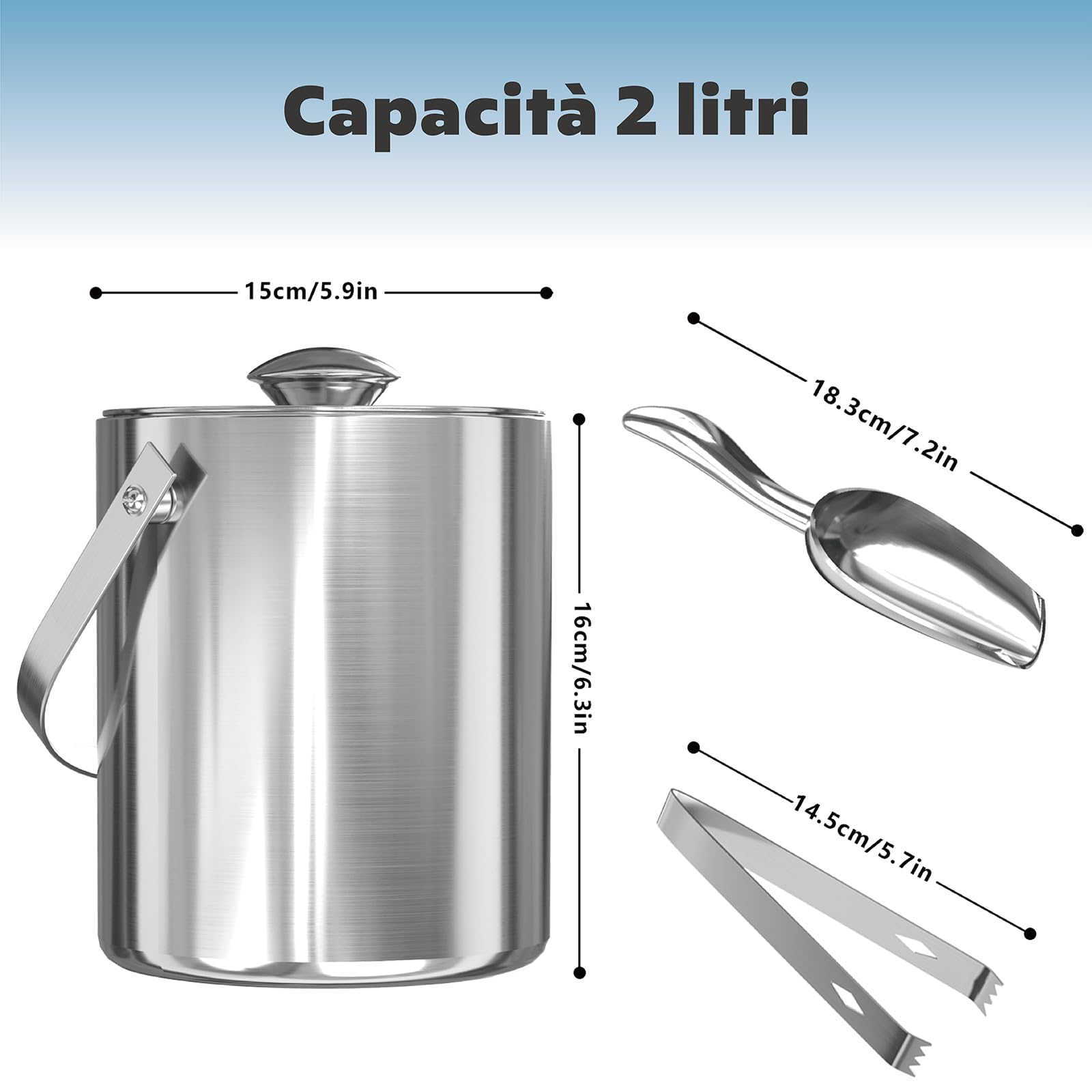 Secchiello Ghiaccio Acciaio Inox 3.2L Doppia Parete - Con Coperchio, Pala E Pinza, Per Feste E Vino - Foto 12