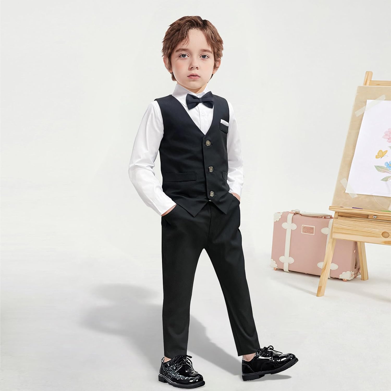 Nwada Boys Suit Set Formal Dress Shirt with Bow Tie, Slim Vest and Pants Toddler Boy Clothes Suits - Image 2