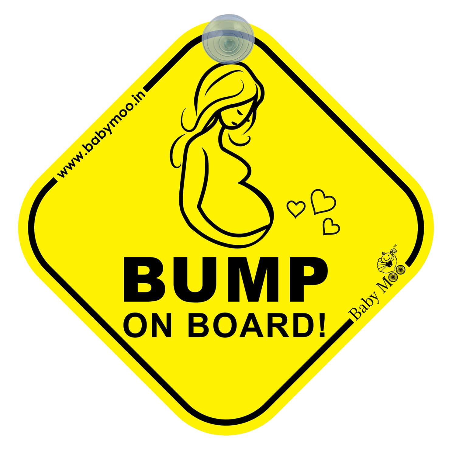 BabyMoo Mama On Board Pregnancy Safety Sign for Car with Vacuum Suction Cup Clip Yellow -Weatherproof Car Decal-Adorable Design for Maximum Attention-Enhance Road Visibility-Easy to Apply and Residue