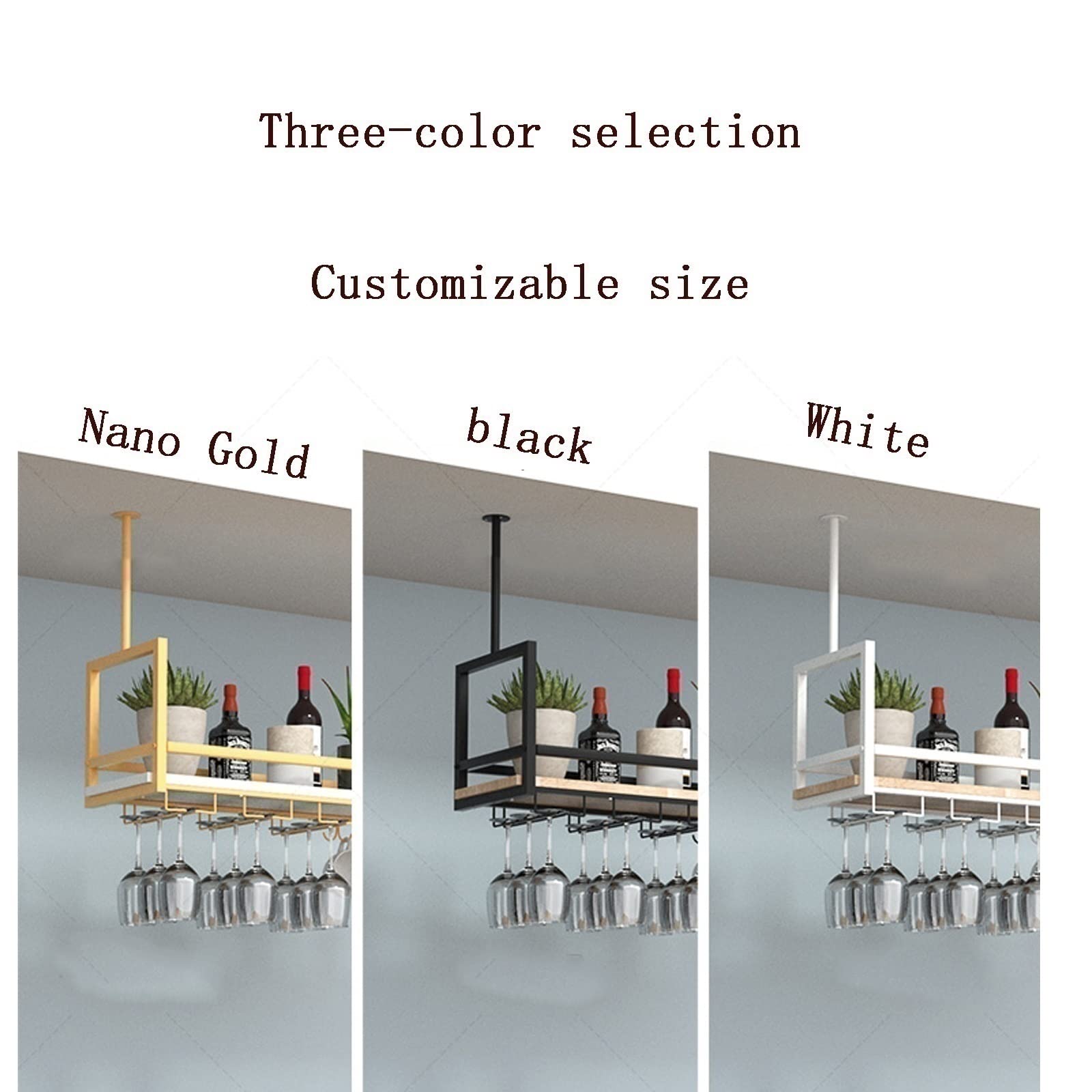 Portabicchieri da Vino da soffitto e scaffale in Legno massello - Scaffale Multifunzionale in Metallo per Bar/Cucina - Perfetto organizzatore per l'esposizione del Vino